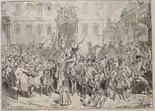 Satirische Darstellung des Regiments während des Kaffeelärms 1781 in den Fliegenden Blättern 1878.