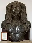 Kopf einer Kolossalstatue Amenemhets&nbsp;III. im Priesterornat mit umgelegtem Pantherfell aus Fayyum
