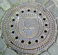 Zirbelnuss auf einem Kanaldeckel in Augsburg