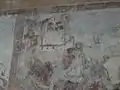 Darstellung einer Burg im gotischen Fresko der zugehörigen, gleichzeitigen Kirche. Es ist nicht gesichert ob die Burg Linsen abgebildet ist.