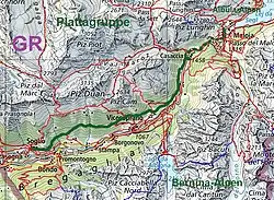 Verlauf des Weges (grün, altes Teilstück gestrichelt).