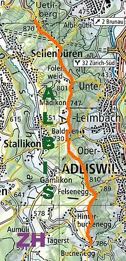 Verlauf des Wegs (orange).