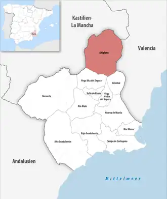 Die Lage der Comarca Altiplano in der autonomen Gemeinschaft Murcia