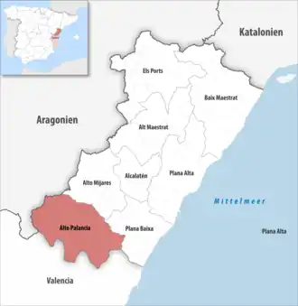 Die Lage der Comarca Alto Palancia in der Provinz Castellón