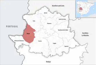 Die Lage der Comarca Brozas in der Provinz Cáceres