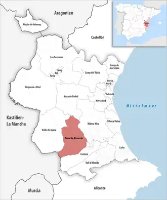 Die Lage der Comarca Canal de Navarrés in der Provinz Valencia
