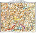 Die Alpenpässe ins Engadin: Julierpass (blau), Albulapass (gelb), Malojapass (rot) und Berninapass (violett).