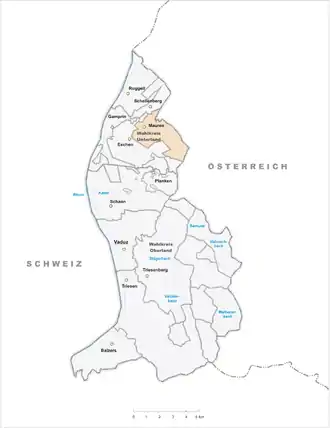 Lage der Gemeinde Mauren (Liechtenstein)  im Fürstentum Liechtenstein (anklickbare Karte)