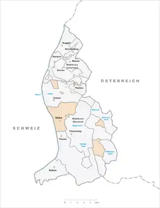 Lage der Gemeinde Vaduz im Fürstentum Liechtenstein (anklickbare Karte)
