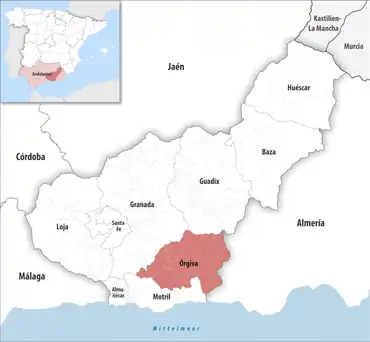 Die Lage des Gerichtsbezirk Órgiva in der Provinz Granada