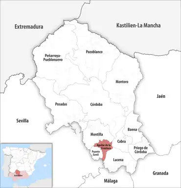 Die Lage des Gerichtsbezirk Aguilar de la Frontera in der Provinz Córdoba