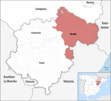 Die Lage des Gerichtsbezirk Alcañiz in der Provinz Teruel
