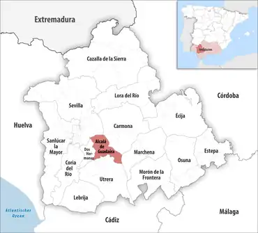 Die Lage des Gerichtsbezirk Alcalá de Guadaíra in der Provinz Sevilla
