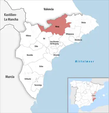 Die Lage des Gerichtsbezirk Alcoy in der Provinz Alicante