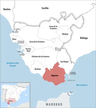 Die Lage des Gerichtsbezirk Algeciras in der Provinz Cádiz