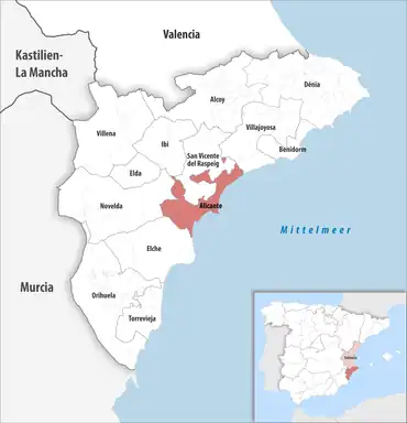 Die Lage des Gerichtsbezirk Alicante in der Provinz Alicante