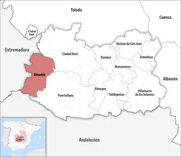 Die Lage des Gerichtsbezirk Almadén in der Provinz Ciudad Real