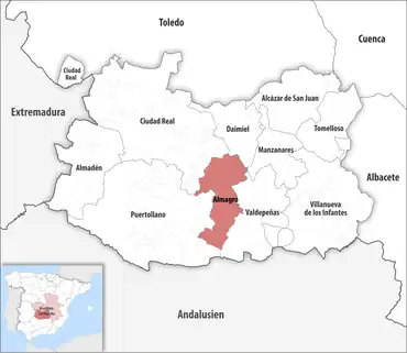Die Lage des Gerichtsbezirk Almagro in der Provinz Ciudad Real