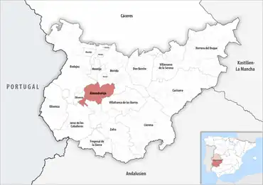 Die Lage des Gerichtsbezirk Almendralejo in der Provinz Badajoz