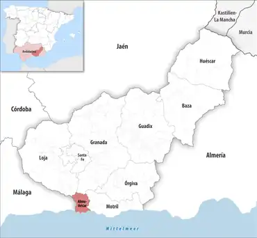 Die Lage des Gerichtsbezirk Almuñécar in der Provinz Granada