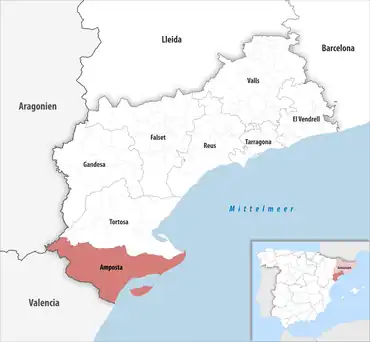 Die Lage des Gerichtsbezirk Amposta in der Provinz Tarragona