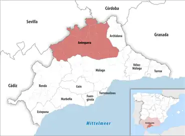 Die Lage des Gerichtsbezirk Antequera in der Provinz Málaga