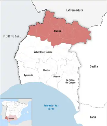 Die Lage des Gerichtsbezirk Aracena in der Provinz Huelva
