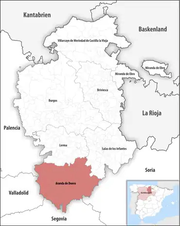 Die Lage des Gerichtsbezirk Aranda de Duero in der Provinz Burgos