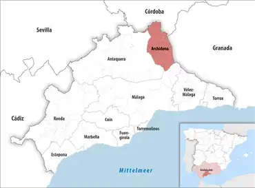 Die Lage des Gerichtsbezirk Archidona in der Provinz Málaga