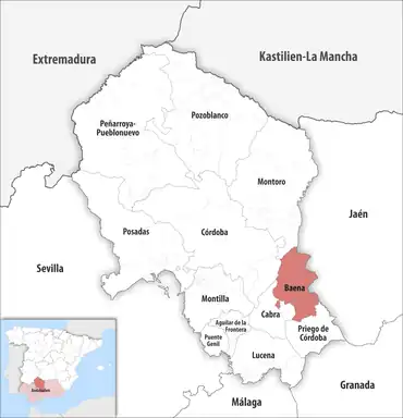 Die Lage des Gerichtsbezirk Baena in der Provinz Córdoba