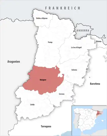 Die Lage des Gerichtsbezirk Balaguer in der Provinz Lleida
