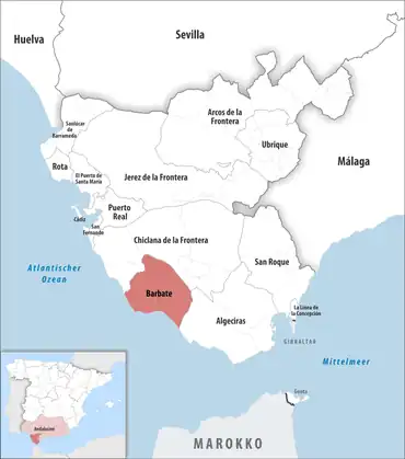 Die Lage des Gerichtsbezirk Barbate in der Provinz Cádiz