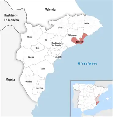 Die Lage des Gerichtsbezirk Benidorm in der Provinz&nbsp;Alicante