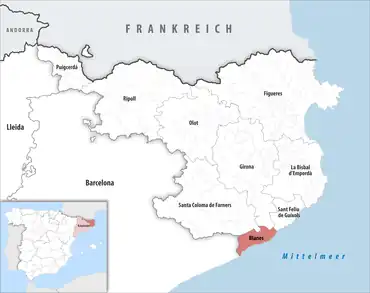 Die Lage des Gerichtsbezirk Blanes in der Provinz Girona