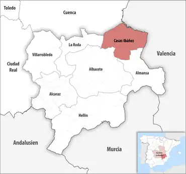 Die Lage des Gerichtsbezirk Casas-Ibáñez in der Provinz Albacete