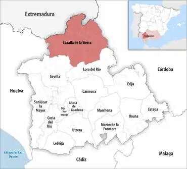 Die Lage des Gerichtsbezirk Cazalla de la Sierra in der Provinz Sevilla