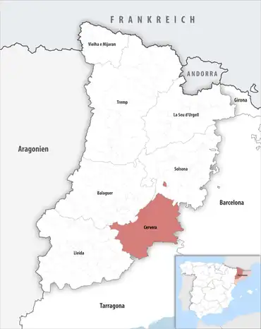 Die Lage des Gerichtsbezirk Cervera in der Provinz Lleida