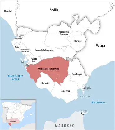 Die Lage des Gerichtsbezirk Chiclana de la Frontera in der Provinz Cádiz