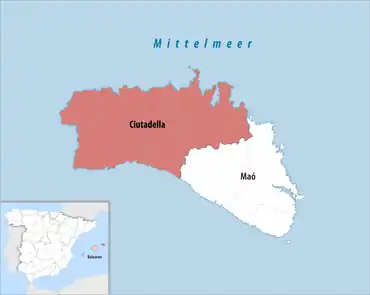 Die Lage des Gerichtsbezirk Ciutadella auf der Insel Menorca