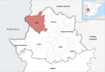 Die Lage des Gerichtsbezirk Coria in der Provinz Cáceres