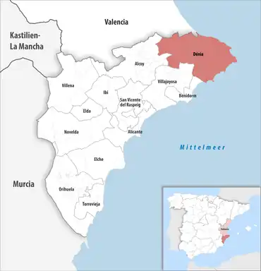 Die Lage des Gerichtsbezirk Dénia in der Provinz Alicante