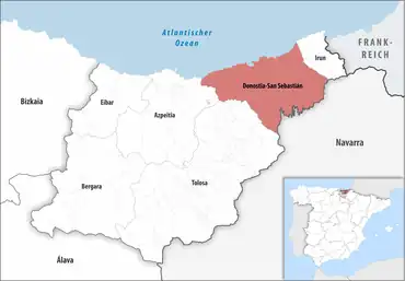 Die Lage des Gerichtsbezirk Donostia-San Sebastián in der Provinz Gipuzkoa