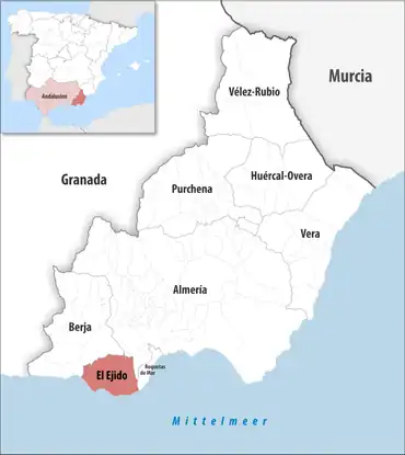 Die Lage des Gerichtsbezirk El Ejido in der Provinz Almería