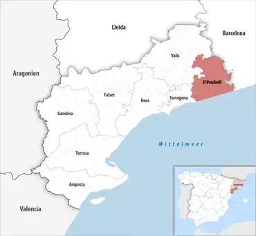 Die Lage des Gerichtsbezirk El Vendrell in der Provinz Tarragona