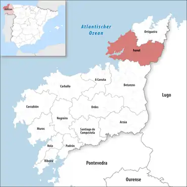Die Lage des Gerichtsbezirk Ferrol in der Provinz A Coruña