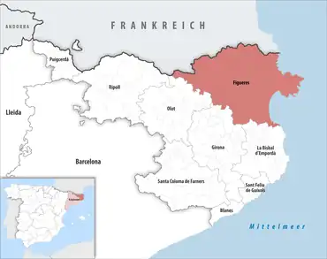 Die Lage des Gerichtsbezirk Figueres in der Provinz Girona