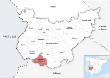 Die Lage des Gerichtsbezirk Fregenal de la Sierra in der Provinz Badajoz