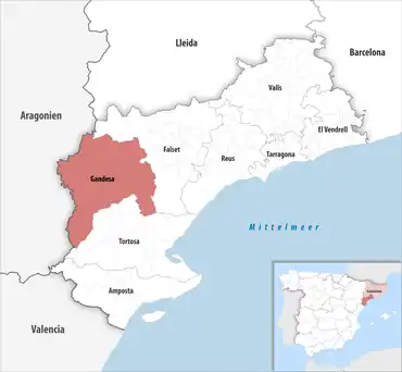 Die Lage des Gerichtsbezirk Gandesa in der Provinz Tarragona
