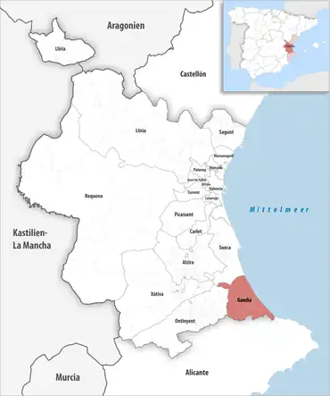 Die Lage des Gerichtsbezirk Gandia in der Provinz&nbsp;Valencia
