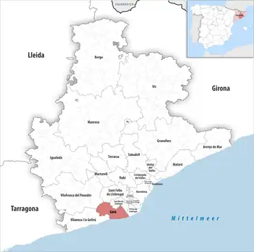Die Lage des Gerichtsbezirk Gavà in der Provinz Barcelona